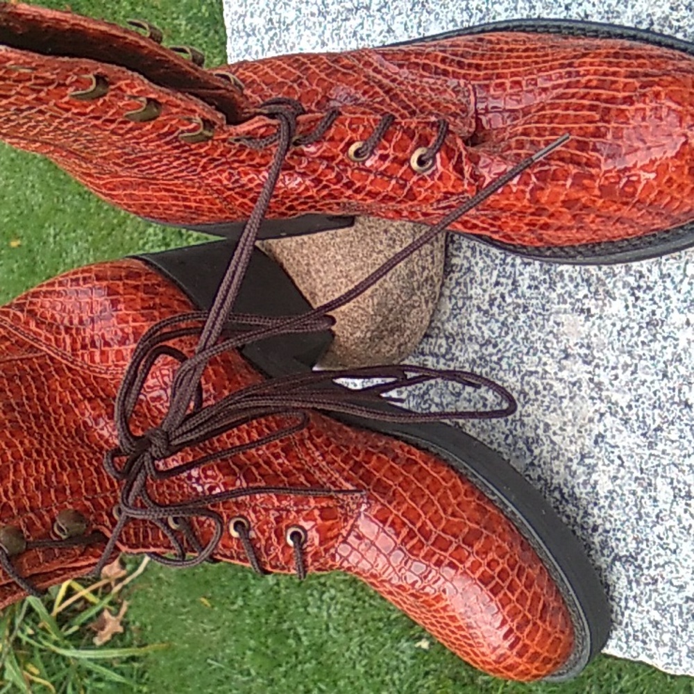 🥾90s BOOTS DeadStock DINGO Leather Shiny Burnt Orange Reptilian  Boots Sz 6M
